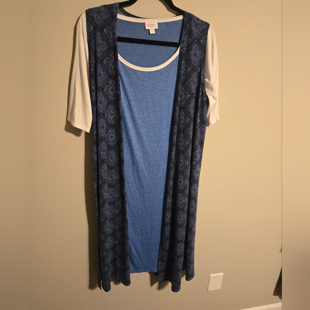 LuLaRoe Blue and White Julia With Blue Lattice Joy